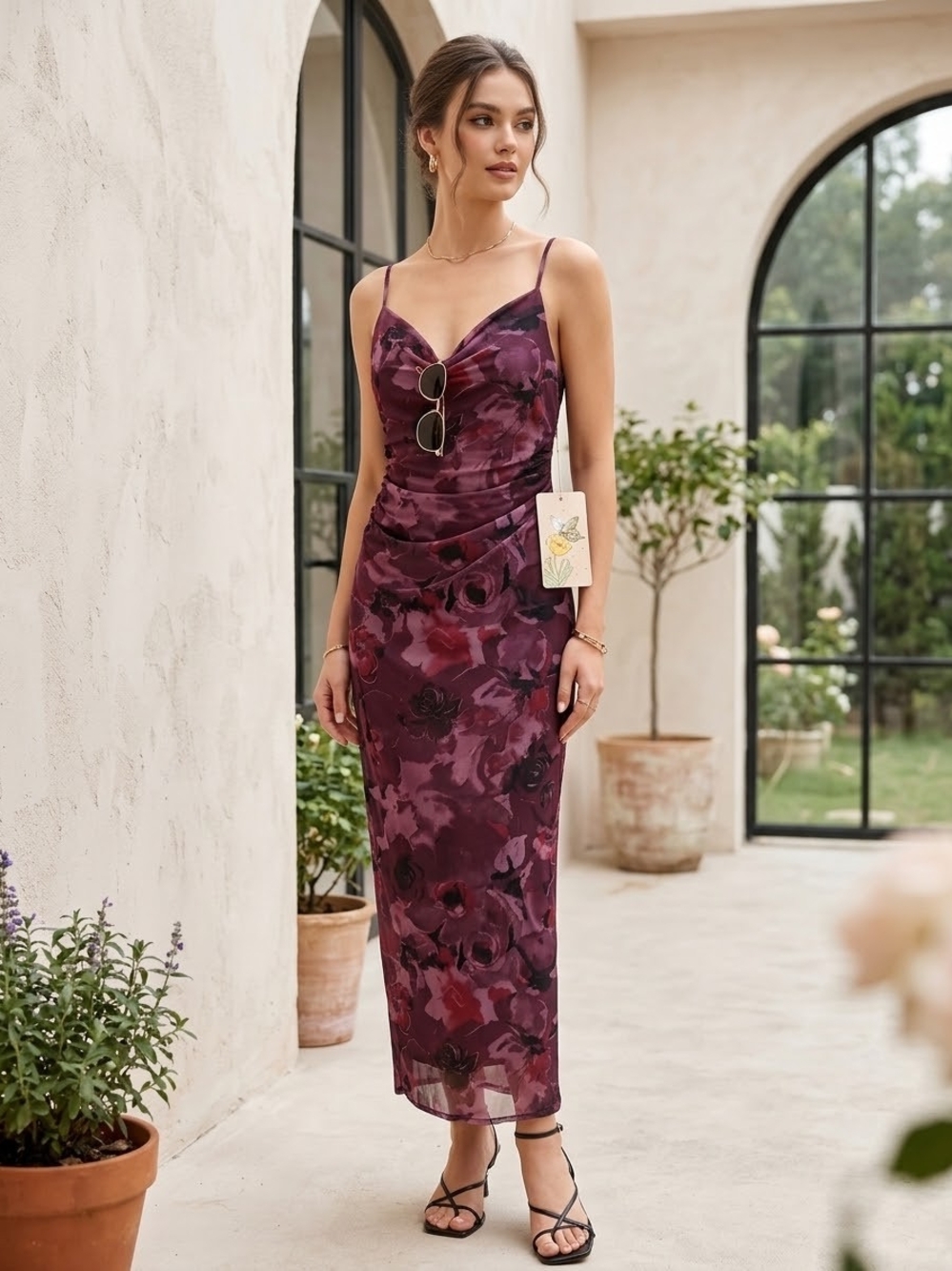 Sleeveless Floral Cowl Neck Maxi Dress in Plum